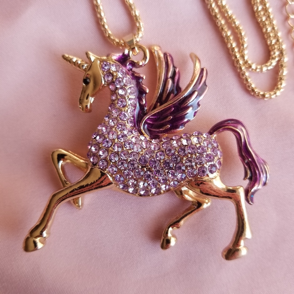 Purple Rhinestone Wing Unicorn Necklace